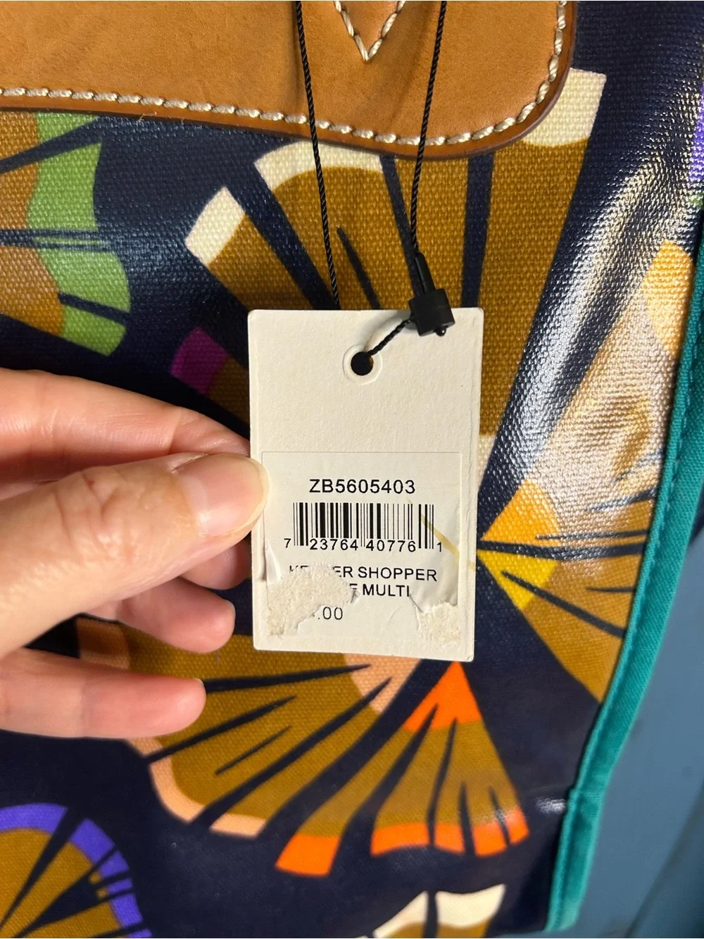 Fossil Navy Floral Fan-Print Tote with Tan Handles and Teal Trim - Picture 6 of 14